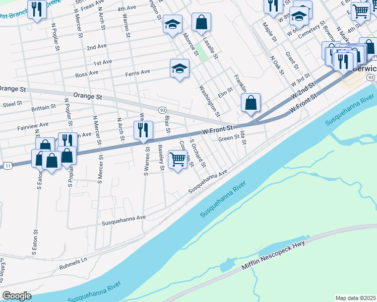 map of restaurants, bars, coffee shops, grocery stores, and more near 201 South Orchard Street in Berwick