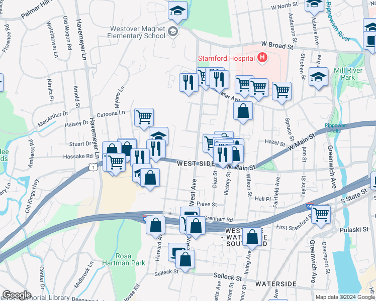 map of restaurants, bars, coffee shops, grocery stores, and more near 16 Nurney Street in Stamford