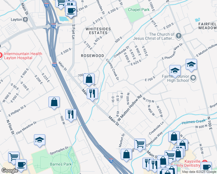 map of restaurants, bars, coffee shops, grocery stores, and more near 742 East Clearwater Court in Layton