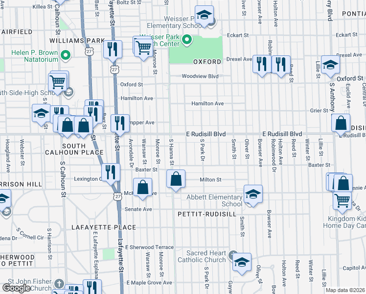 map of restaurants, bars, coffee shops, grocery stores, and more near 3926 Weisser Park Avenue in Fort Wayne
