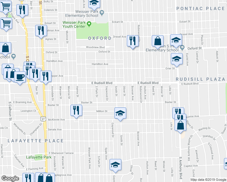 map of restaurants, bars, coffee shops, grocery stores, and more near 3926 Smith Street in Fort Wayne