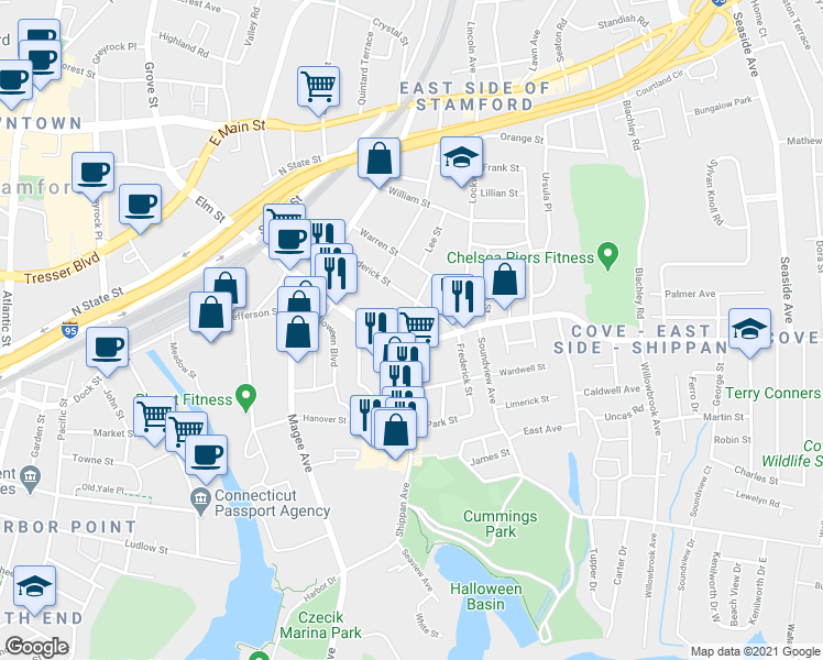 map of restaurants, bars, coffee shops, grocery stores, and more near 124 Shippan Avenue in Stamford