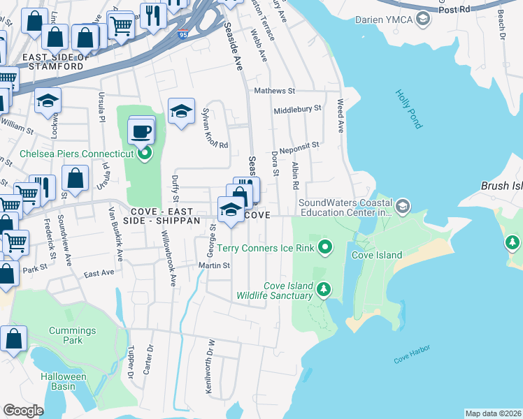 map of restaurants, bars, coffee shops, grocery stores, and more near 300 Seaside Avenue in Stamford
