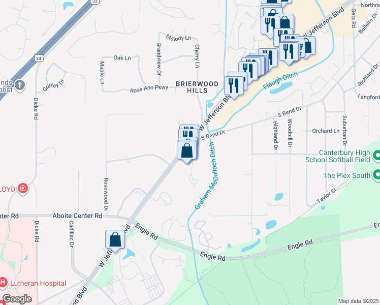 map of restaurants, bars, coffee shops, grocery stores, and more near 7211 West Jefferson Boulevard in Fort Wayne