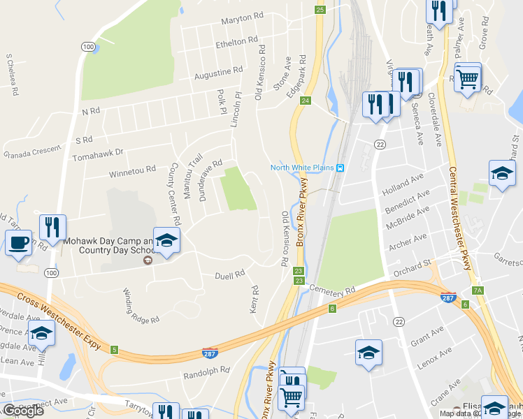 map of restaurants, bars, coffee shops, grocery stores, and more near 502 Woodland Hills Road in White Plains