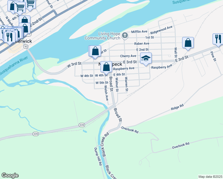 map of restaurants, bars, coffee shops, grocery stores, and more near Broad Street in Nescopeck