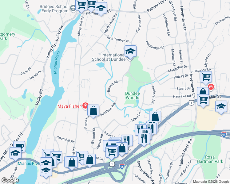 map of restaurants, bars, coffee shops, grocery stores, and more near 9 Bonwit Road in Riverside