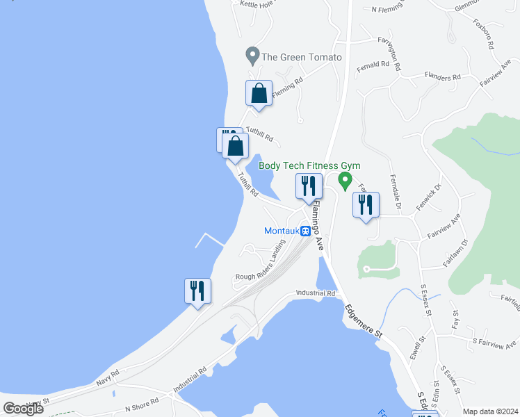 map of restaurants, bars, coffee shops, grocery stores, and more near 23 Fort Pond Road in Montauk