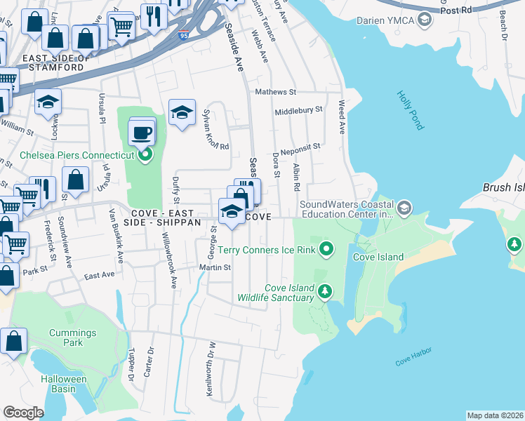map of restaurants, bars, coffee shops, grocery stores, and more near 300 Seaside Avenue in Stamford