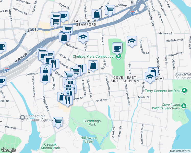 map of restaurants, bars, coffee shops, grocery stores, and more near 34 Saint Benedict Circle in Stamford