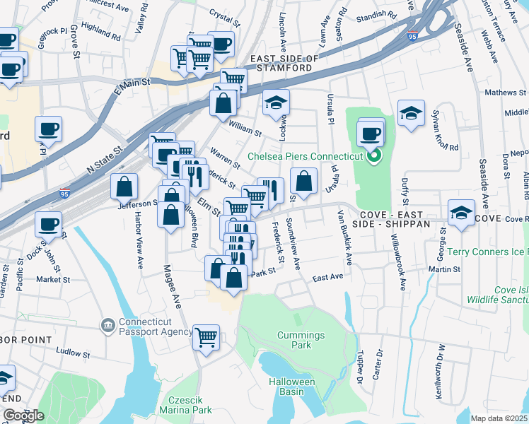 map of restaurants, bars, coffee shops, grocery stores, and more near 105 Cove Road in Stamford