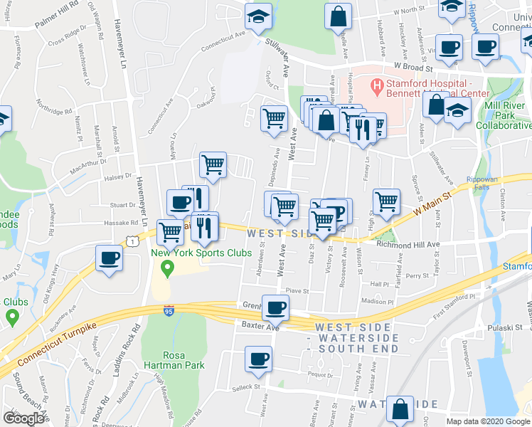 map of restaurants, bars, coffee shops, grocery stores, and more near 16 Nurney Street in Stamford