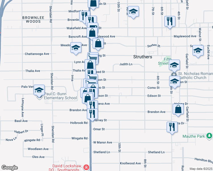 map of restaurants, bars, coffee shops, grocery stores, and more near 594 Como Street in Struthers