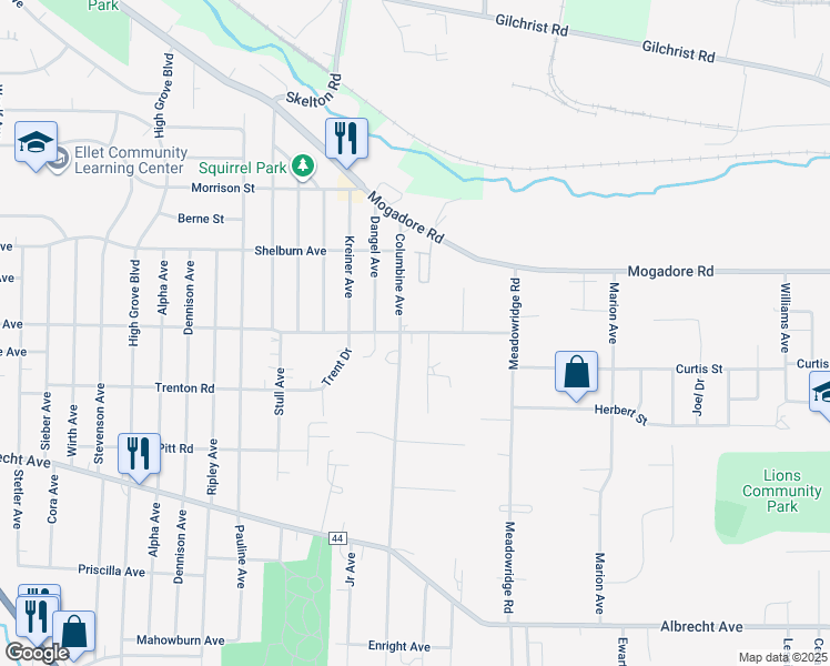 map of restaurants, bars, coffee shops, grocery stores, and more near 3054 Ellet Avenue in Akron