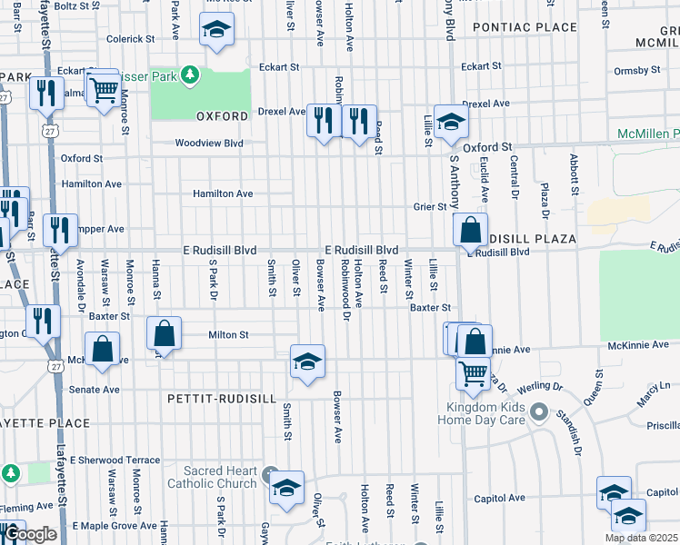 map of restaurants, bars, coffee shops, grocery stores, and more near 3926 Robinwood Drive in Fort Wayne