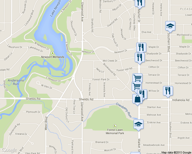 map of restaurants, bars, coffee shops, grocery stores, and more near 240 Forest-Park Dr in Youngstown