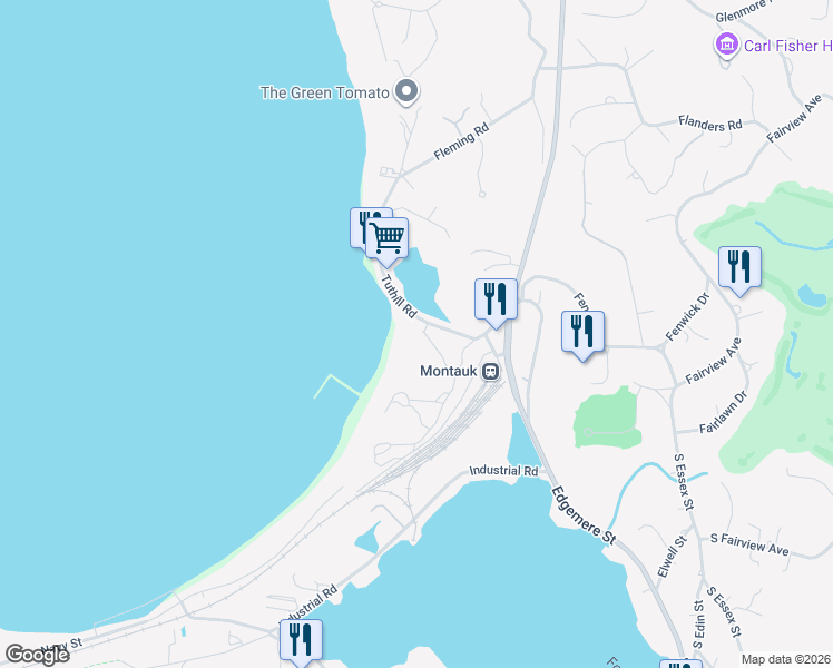 map of restaurants, bars, coffee shops, grocery stores, and more near 23 Fort Pond Road in Montauk