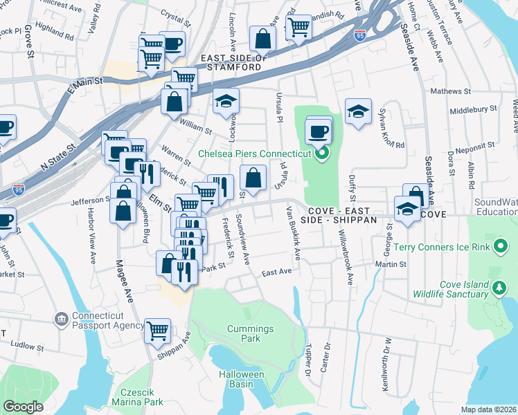 map of restaurants, bars, coffee shops, grocery stores, and more near 34 Saint Benedict Circle in Stamford