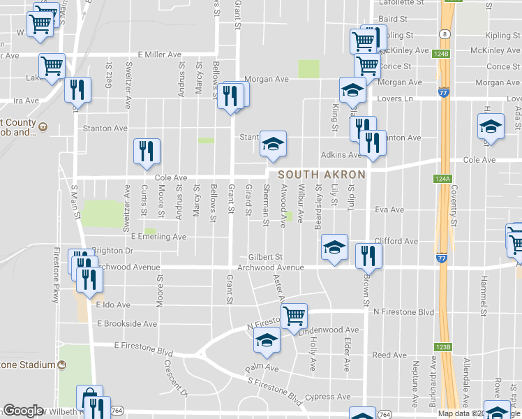 map of restaurants, bars, coffee shops, grocery stores, and more near 1234 Sherman Street in Akron