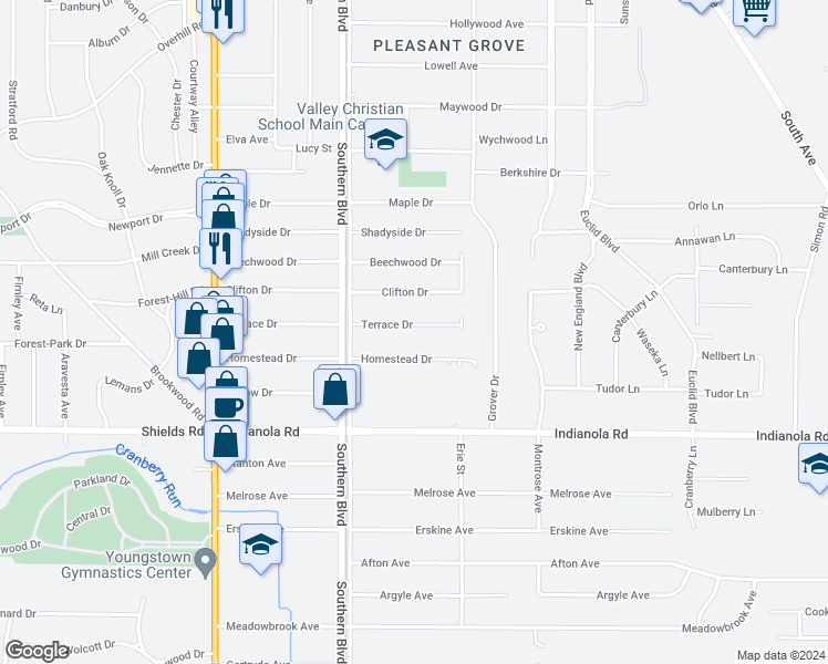 map of restaurants, bars, coffee shops, grocery stores, and more near 157 Terrace Drive in Youngstown