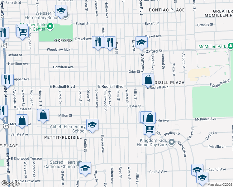 map of restaurants, bars, coffee shops, grocery stores, and more near 4002 Reed Street in Fort Wayne