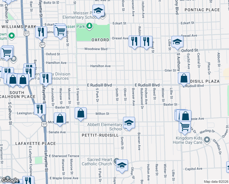 map of restaurants, bars, coffee shops, grocery stores, and more near 4001 Smith Street in Fort Wayne