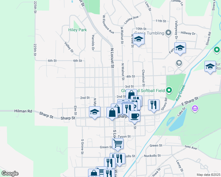 map of restaurants, bars, coffee shops, grocery stores, and more near 208 North Locust Street in Glenwood