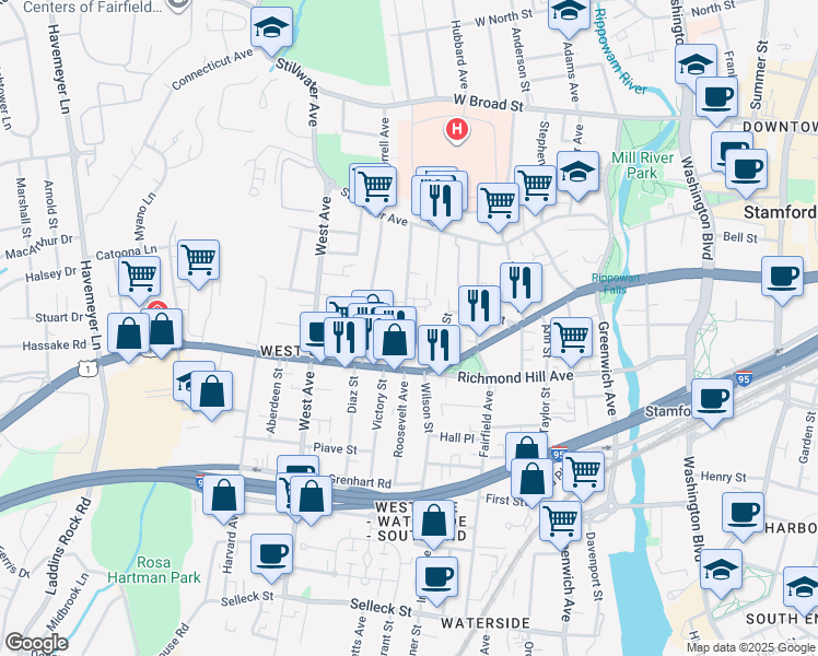 map of restaurants, bars, coffee shops, grocery stores, and more near 59 Liberty Street in Stamford