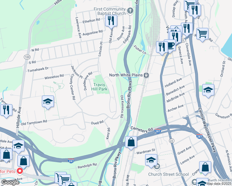 map of restaurants, bars, coffee shops, grocery stores, and more near 310 Woodland Hills Road in White Plains