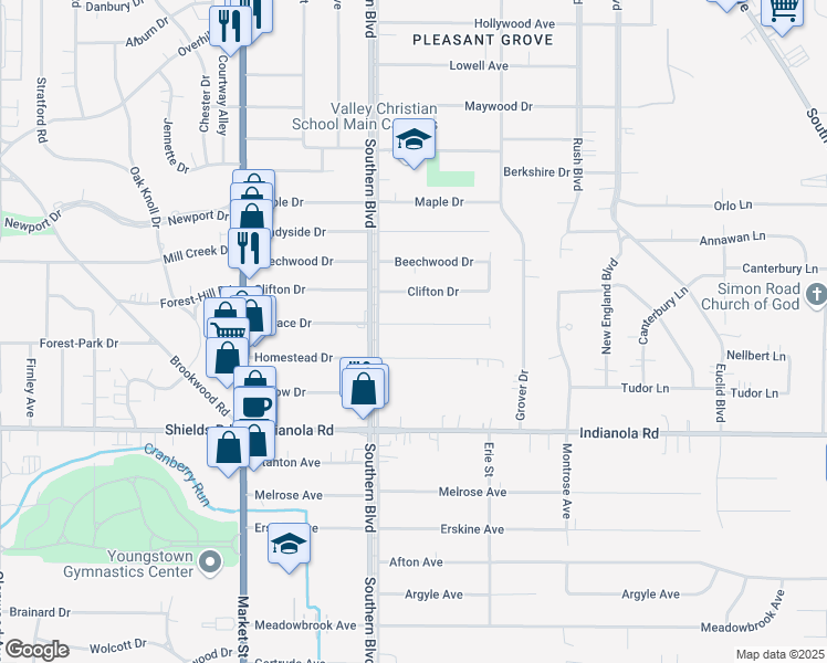 map of restaurants, bars, coffee shops, grocery stores, and more near 133 Terrace Drive in Youngstown