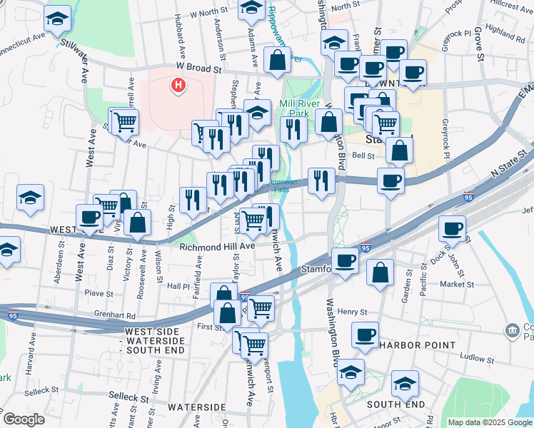 map of restaurants, bars, coffee shops, grocery stores, and more near 53 Greenwich Avenue in Stamford