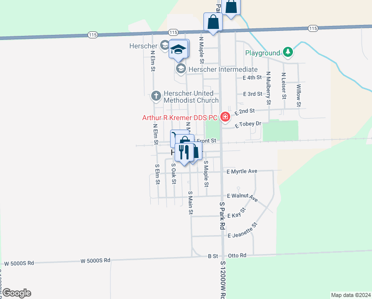 map of restaurants, bars, coffee shops, grocery stores, and more near 11 North Main Street in Herscher