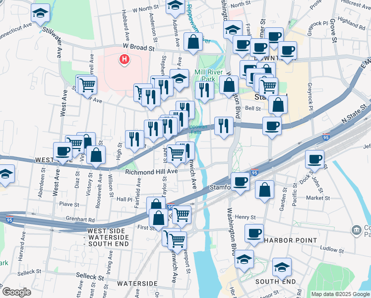 map of restaurants, bars, coffee shops, grocery stores, and more near 53 Greenwich Avenue in Stamford