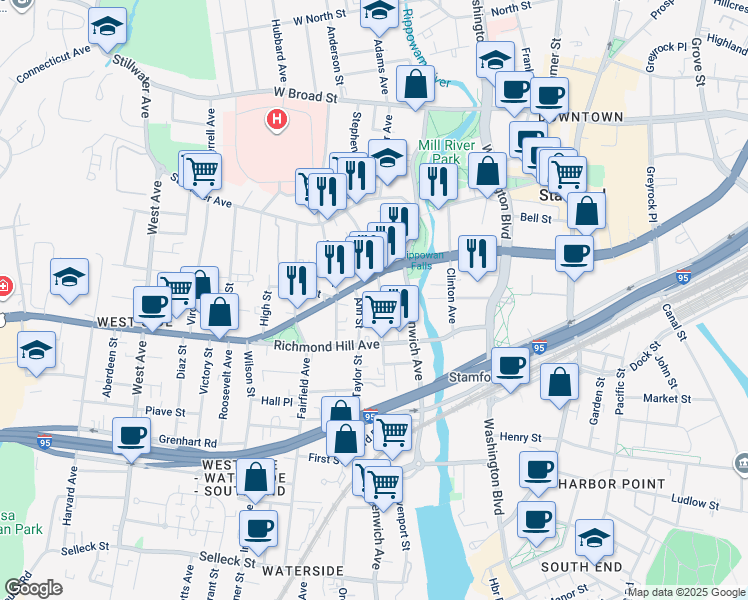 map of restaurants, bars, coffee shops, grocery stores, and more near 28 Rose Park Avenue in Stamford