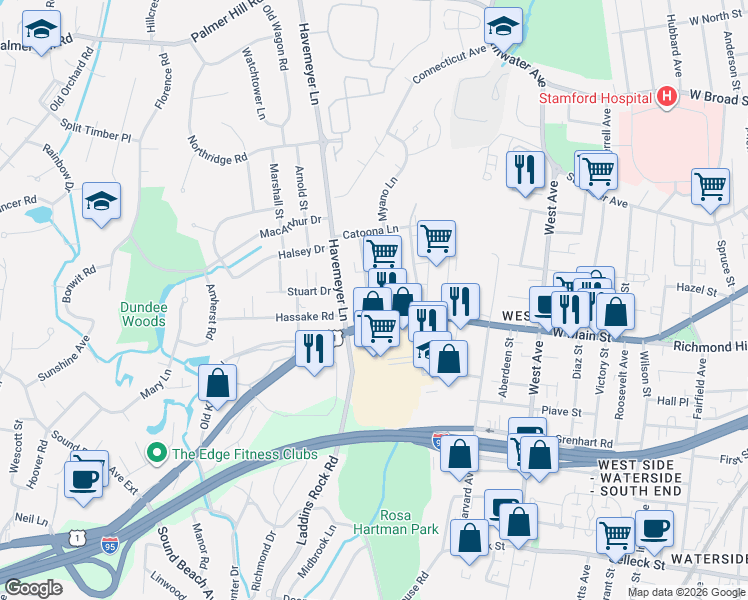map of restaurants, bars, coffee shops, grocery stores, and more near 2015 West Main Street in Stamford