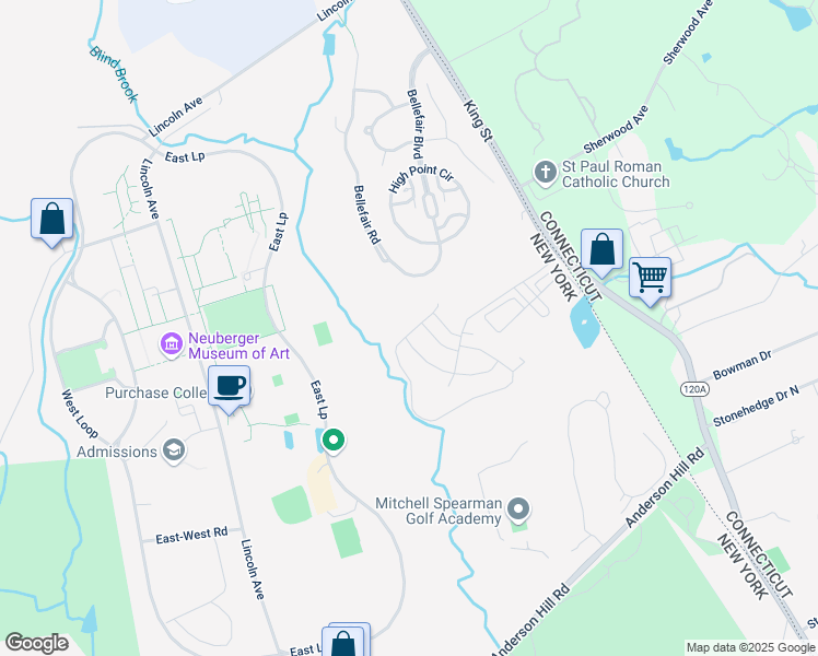 map of restaurants, bars, coffee shops, grocery stores, and more near 1 Honeysuckle Lane in Rye Brook