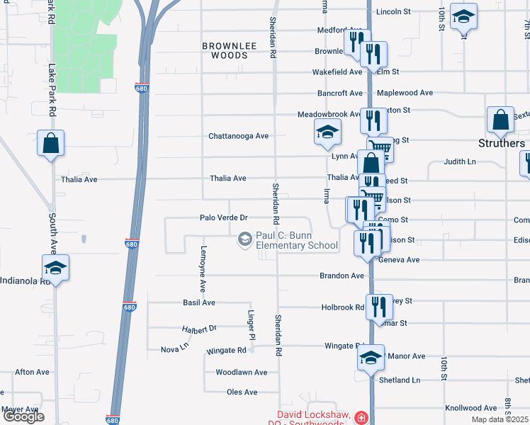 map of restaurants, bars, coffee shops, grocery stores, and more near 1885 Palo Verde Drive in Youngstown