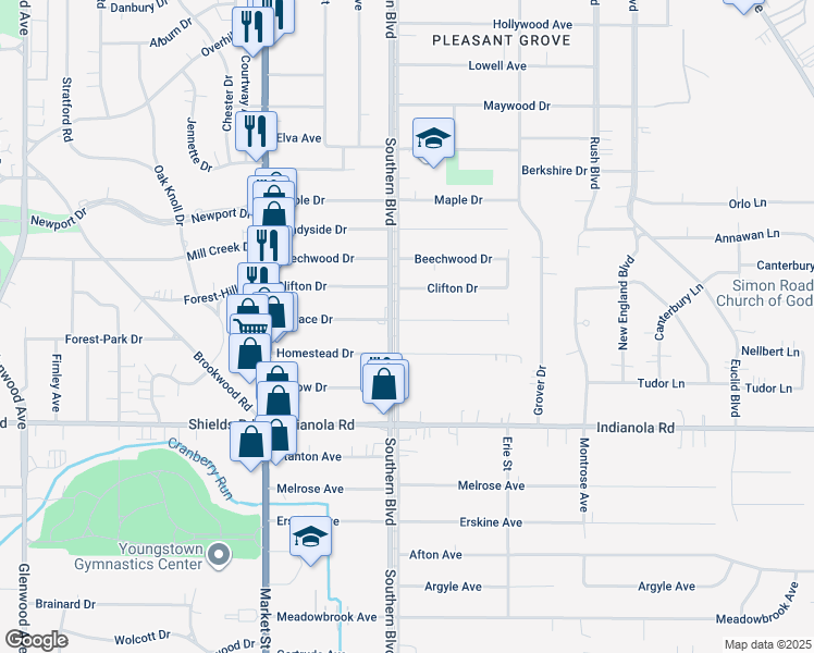 map of restaurants, bars, coffee shops, grocery stores, and more near 116 Homestead Drive in Youngstown