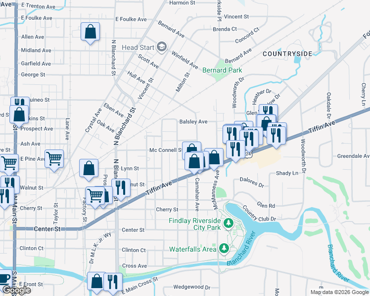 map of restaurants, bars, coffee shops, grocery stores, and more near 811 Mc Connell Street in Findlay
