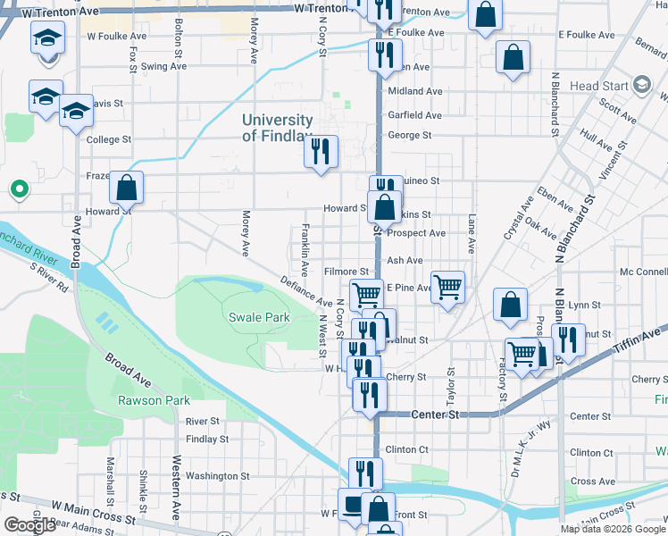 map of restaurants, bars, coffee shops, grocery stores, and more near 620 North Cory Street in Findlay