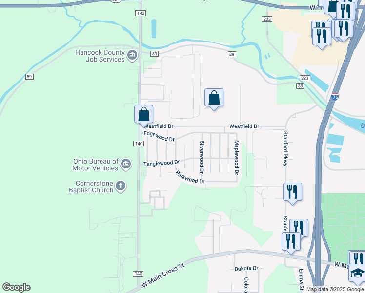 map of restaurants, bars, coffee shops, grocery stores, and more near 8161 Parkwood Drive in Findlay