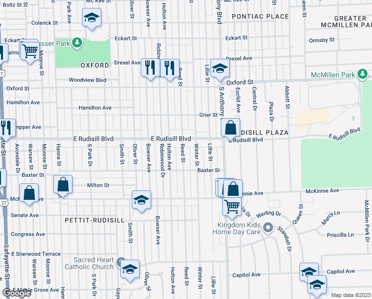 map of restaurants, bars, coffee shops, grocery stores, and more near 4002 Winter Street in Fort Wayne