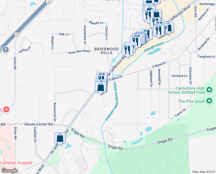 map of restaurants, bars, coffee shops, grocery stores, and more near 7211 West Jefferson Boulevard in Fort Wayne
