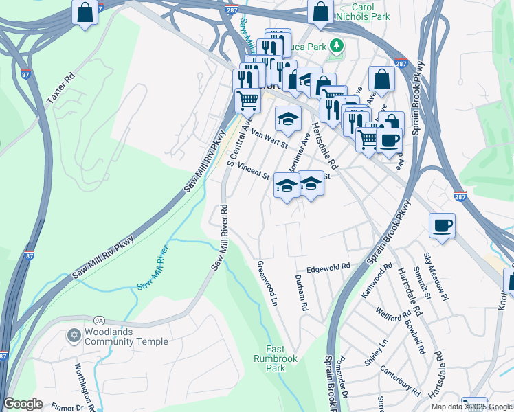map of restaurants, bars, coffee shops, grocery stores, and more near 73 South Hillside Avenue in Elmsford