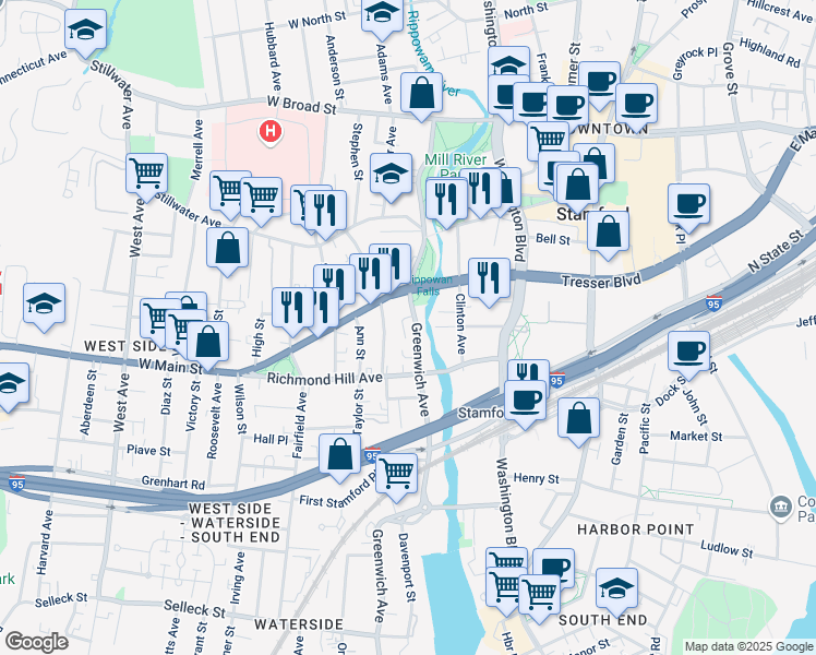 map of restaurants, bars, coffee shops, grocery stores, and more near 37 Greenwich Avenue in Stamford