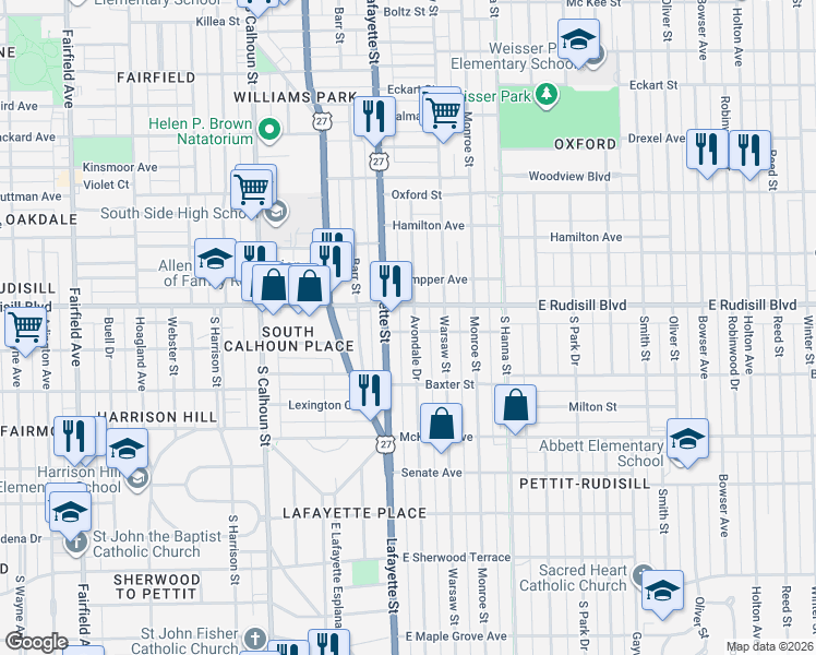 map of restaurants, bars, coffee shops, grocery stores, and more near 4009 Avondale Drive in Fort Wayne
