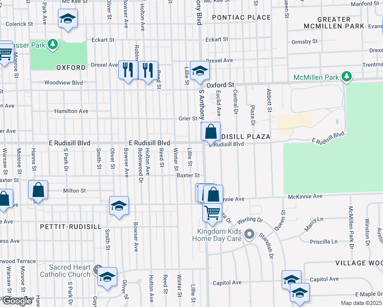 map of restaurants, bars, coffee shops, grocery stores, and more near 3917 Lillie Street in Fort Wayne