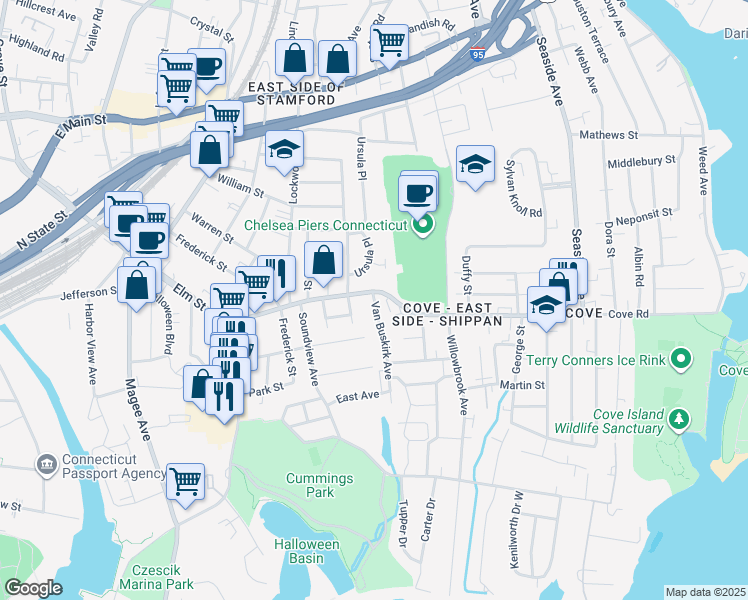 map of restaurants, bars, coffee shops, grocery stores, and more near 17 Van Buskirk Avenue in Stamford