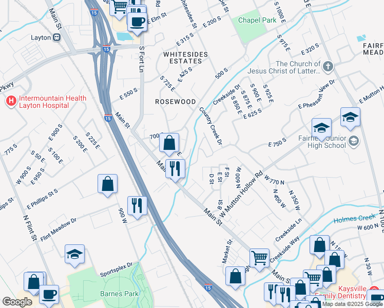 map of restaurants, bars, coffee shops, grocery stores, and more near 678 East Creek View Drive in Layton