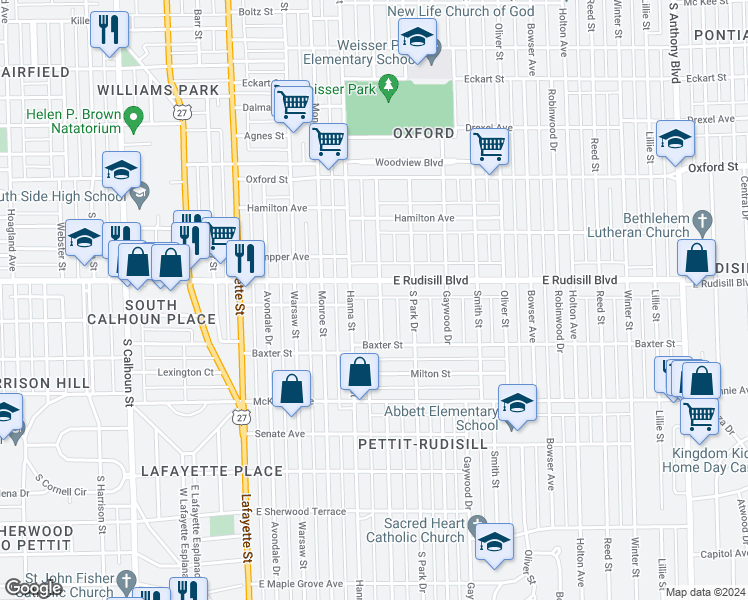 map of restaurants, bars, coffee shops, grocery stores, and more near 3918 Weisser Park Avenue in Fort Wayne